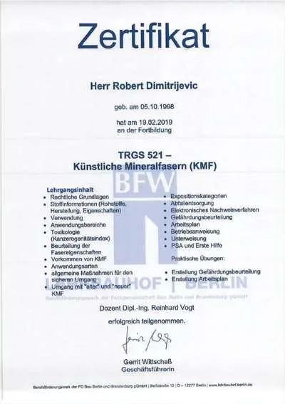 Sachkundenachweis TRGS 521 (Künstliche Mineralfasern) der ROB Abbruch GmbH
