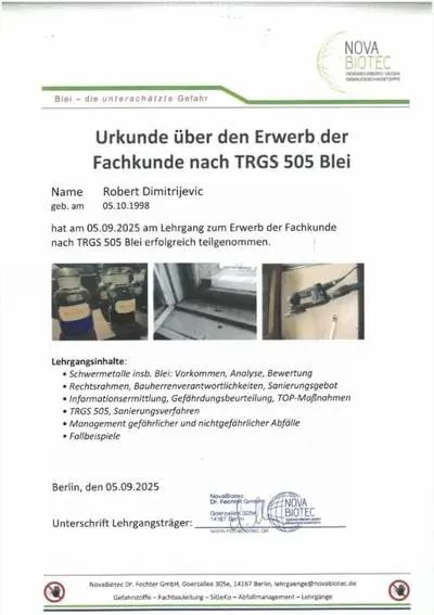 Urkunde Fachkunde TRGS 505 (Blei) der ROB Abbruch GmbH